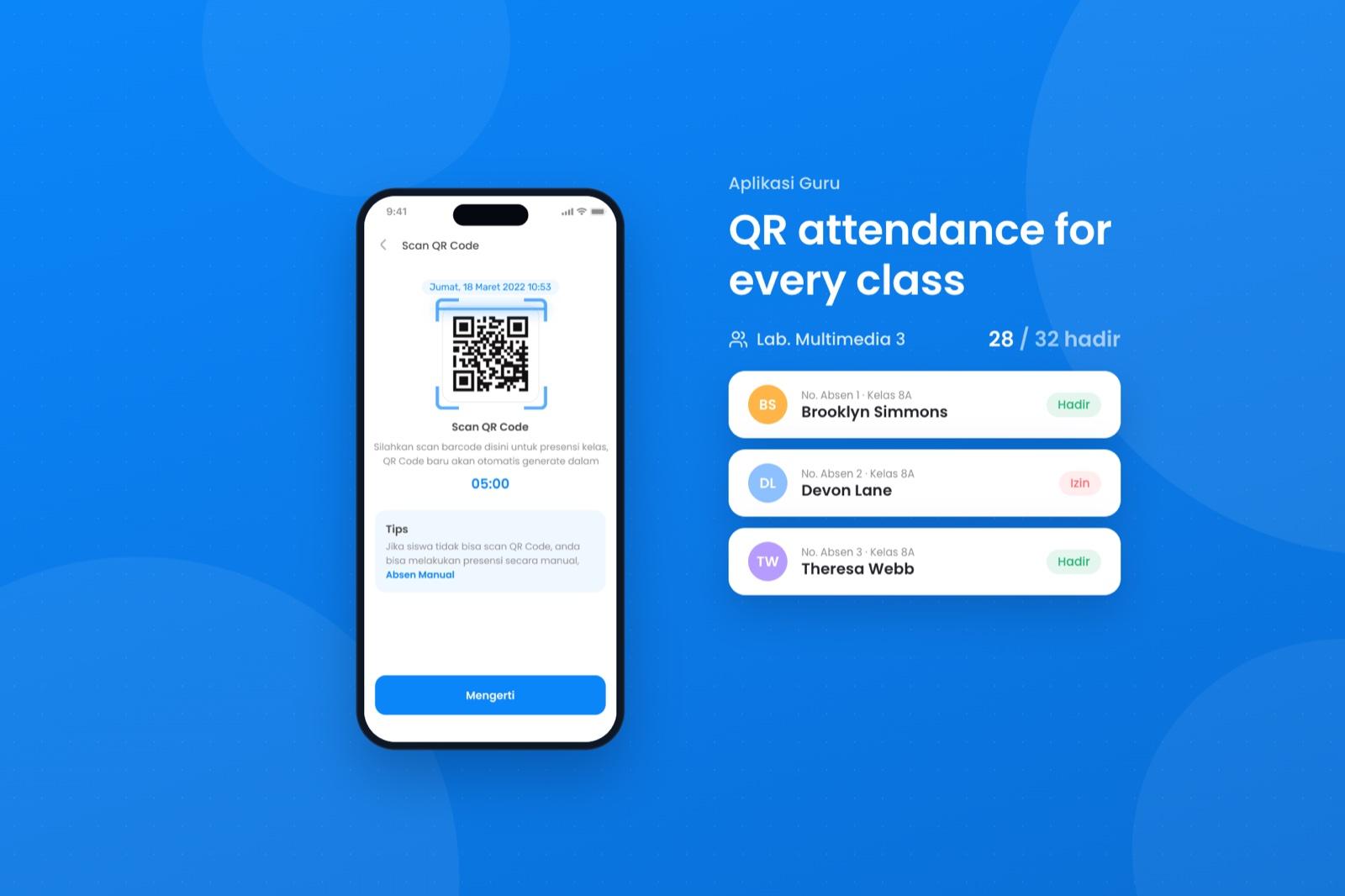 InStudi cover: the teacher app scanning a class QR code while student attendance comes in