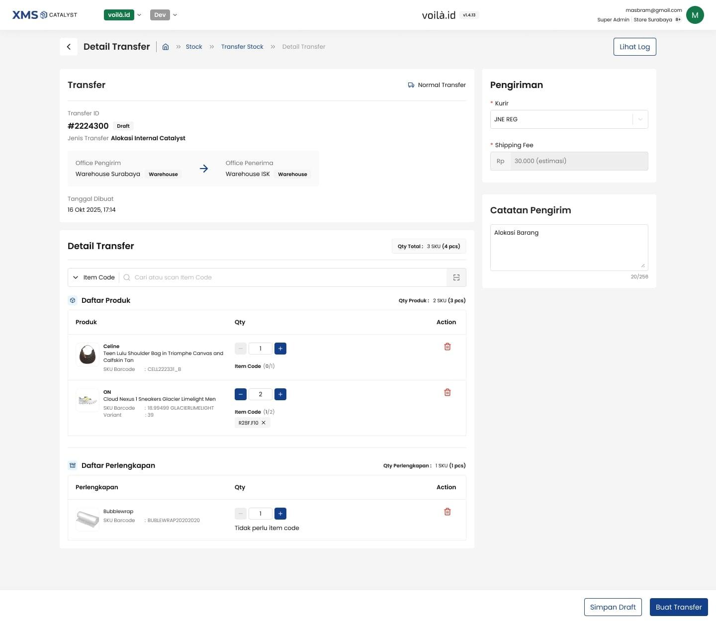 Transfer detail in Draft, still editable