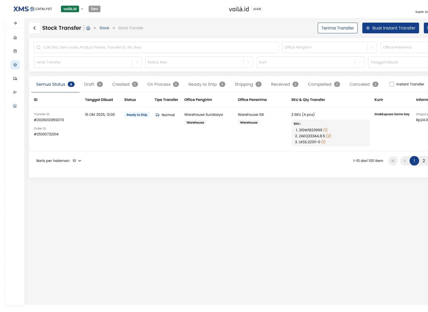 Requesting a driver for an instant transfer from the list
